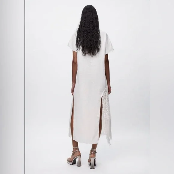 zara fringed linen dress ZARA NWT WOMAN LINEN DRESS WITH FRINGE WHITE | 7495/810 ALL SIZES